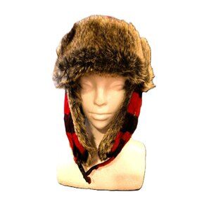 Goodfellow Trapper Hat Buffalo Check Plaid Faux Fur Lumberjack Red Black Quilted